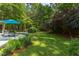 Expansive backyard with a well-maintained lawn, mature trees, and a patio set under a bright blue umbrella at 520 Brittany Bay W, Raleigh, NC 27614