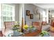 Dining room shows a wooden table set with blue dishware, enhanced by decorative centerpieces and natural light at 520 Brittany Bay W, Raleigh, NC 27614
