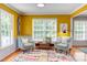 A sitting area with matching armchairs, a colorful rug, and walls painted bright yellow radiates natural light at 520 Brittany Bay W, Raleigh, NC 27614