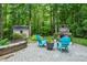 Paver patio area in a lush backyard features Adirondack chairs and an outdoor fireplace at 776 Legend Oaks Dr, Chapel Hill, NC 27517