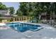 Sparkling backyard pool with lounge chairs, landscaped area and a playset in the background at 813 Faulkner Pl, Raleigh, NC 27609