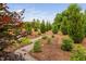 Lush backyard with mature plantings, mulch and stone ground cover and a bench at 829 Churton Pl, Cary, NC 27518