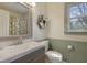 Charming bathroom with a decorative floral wreath, complemented by elegant light fixtures at 8608 Cheerful Ct, Raleigh, NC 27615