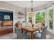 Charming dining room with a wooden table, view of the deck and blue accent wall at 912 Salem Woods Dr, Raleigh, NC 27615