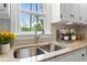 Kitchen sink with stainless steel faucet and a view of the wooded backyard at 912 Salem Woods Dr, Raleigh, NC 27615