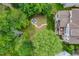 An aerial view of the backyard, featuring a fire pit, swing set, deck, and patio at 12424 Beauvoir St, Raleigh, NC 27614