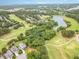 Stunning aerial view showcasing the golf course, surrounding community, and a serene lake with a water feature at 1608 Heritage Links Dr, Wake Forest, NC 27587