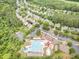 Overhead view highlighting the community pool, amenity center, and surrounding neighborhood with tree-lined streets at 1608 Heritage Links Dr, Wake Forest, NC 27587
