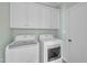 Functional laundry room equipped with modern, white washer and dryer and storage cabinets at 1608 Heritage Links Dr, Wake Forest, NC 27587