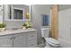 Bathroom featuring neutral walls, a curtained shower-tub combination, and a single sink at 2010 Silky Dogwood Trl, Apex, NC 27502