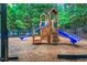Community playground with slides and a wooden play structure surrounded by greenery at 203 Witheridge Ct, Apex, NC 27502