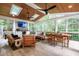 Bright sunroom with skylights, wood ceiling, ceiling fans, and lots of windows at 203 Witheridge Ct, Apex, NC 27502