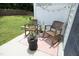 The patio has rocking chairs, a side table, and a red rug at 365 Red Elm Dr, Durham, NC 27713