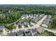 Aerial shot showcasing a neighborhood with homes, a pond, and a backdrop of lush greenery at 437 Henmore Brook Dr Dr, Cary, NC 27519