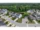 An aerial shot of a community showcasing beautiful homes, green spaces, and a serene pond at 437 Henmore Brook Dr Dr, Cary, NC 27519
