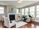 Cozy living room with fireplace, hardwood floors, and large windows at 437 Henmore Brook Dr Dr, Cary, NC 27519