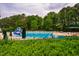 Large community swimming pool with a slide, surrounded by lounge chairs and lush landscaping at 507 Vatersay Dr, Apex, NC 27502