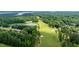 Scenic aerial view showcasing the golf course, a tranquil pond, and surrounding lush greenery at 671 Bear Tree Crk, Chapel Hill, NC 27517