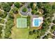 A birds-eye view showcasing the community pool, clubhouse, tennis courts, and ample parking surrounded by trees at 671 Bear Tree Crk, Chapel Hill, NC 27517