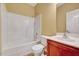 Bathroom featuring a bathtub and shower combination, a toilet, and a single sink vanity at 921 Shefford Town Dr, Rolesville, NC 27571