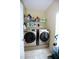 Efficient laundry room with shelving and modern washer and dryer at 101 Claystone Dr, Gibsonville, NC 27249