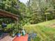 Manicured backyard with a patio, landscaping, lush greenery, and mature trees providing privacy at 122 Button Rd, Morrisville, NC 27560
