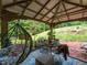 View of a relaxing patio with a swing chair, outdoor seating, and a view of the lush greenery of the yard at 122 Button Rd, Morrisville, NC 27560