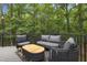 Cozy outdoor deck with comfortable seating area and a lovely wooded view at 13121 Melvin Arnold Rd, Raleigh, NC 27613