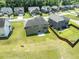 Aerial view of a backyard and neighborhood featuring a brick home with patio at 1499 Fireside Ln, Creedmoor, NC 27522