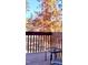 Deck view showcasing fall foliage, a small table and chairs, and surrounding trees at 1633 Snow Mass Way, Durham, NC 27713