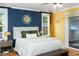 Bright bedroom with blue accent wall, hardwood floors, and ample natural light from windows at 212 E Rockway St, Durham, NC 27704