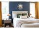 Bedroom with stylish blue accent wall, neutral linens, and lots of natural light at 212 E Rockway St, Durham, NC 27704