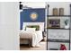 Stylish bedroom featuring blue accent wall, neutral linens, and decorative mirror at 212 E Rockway St, Durham, NC 27704