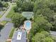 Aerial view of the community pool and tennis courts, surrounded by mature trees and meticulous landscaping at 4109 City Of Oaks Wynd, Raleigh, NC 27612