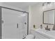 Stylish bathroom featuring a glass-enclosed shower, sleek fixtures, and modern vanity at 4504 Ryegate Dr, Raleigh, NC 27604