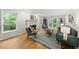 Inviting living room featuring a cozy fireplace, hardwood floors, and large windows with views of nature at 5315 Fortunes Ridge Dr, Durham, NC 27713