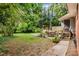 Serene backyard with a patio, mature trees, and a tranquil atmosphere at 603 Kildaire Farm Road Rd, Cary, NC 27511