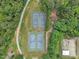 Aerial view of multiple tennis courts surrounded by lush trees within the community at 608 Cross Timbers Dr, Durham, NC 27713