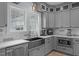 Gray cabinets, stainless steel appliances and large sink with tiled backsplash at 70 S Patterson St, Coats, NC 27521