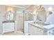 A bathroom featuring a corner glass shower, granite countertops, and double sinks at 8605 Stanton Pl, Raleigh, NC 27615