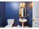 A charming powder room featuring a pedestal sink, decorative mirror, and toilet at 8605 Stanton Pl, Raleigh, NC 27615