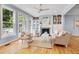 Bright living room with hardwood floors, a fireplace with white built-ins, and comfortable seating, creating a welcoming atmosphere at 102 Newell St, Chapel Hill, NC 27516