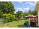 Spacious backyard with green grass, garden area, and patio at 1211 Azalea Dr, Zebulon, NC 27597