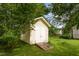 Outdoor storage shed surrounded by green foliage in the backyard at 1211 Azalea Dr, Zebulon, NC 27597