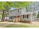 Charming two-story home with gray siding, black shutters, a bright red door, and a well-manicured front yard at 3700 Summer Pl, Raleigh, NC 27604