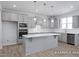 Stylish kitchen with gray cabinetry, stainless steel appliances, a center island, and modern finishes at 436 Longleaf Glen Lane, Zebulon, NC 27597