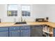 Butcher block countertops complement blue cabinets in this cozy kitchen space with ample natural light at 507 S Mebane St, Burlington, NC 27215