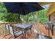 Cozy outdoor deck featuring a dining table, umbrella, and comfortable seating area perfect for relaxing and enjoying the outdoors at 5932 Johnson Pond Rd, Fuquay Varina, NC 27526