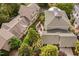 Aerial view featuring a home with an outdoor dining space, manicured yard, and mature trees in a verdant neighborhood at 8308 Society Pl, Raleigh, NC 27615