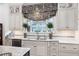 Kitchen sink area featuring custom cabinets, granite counters, and a decorative valance at 8308 Society Pl, Raleigh, NC 27615